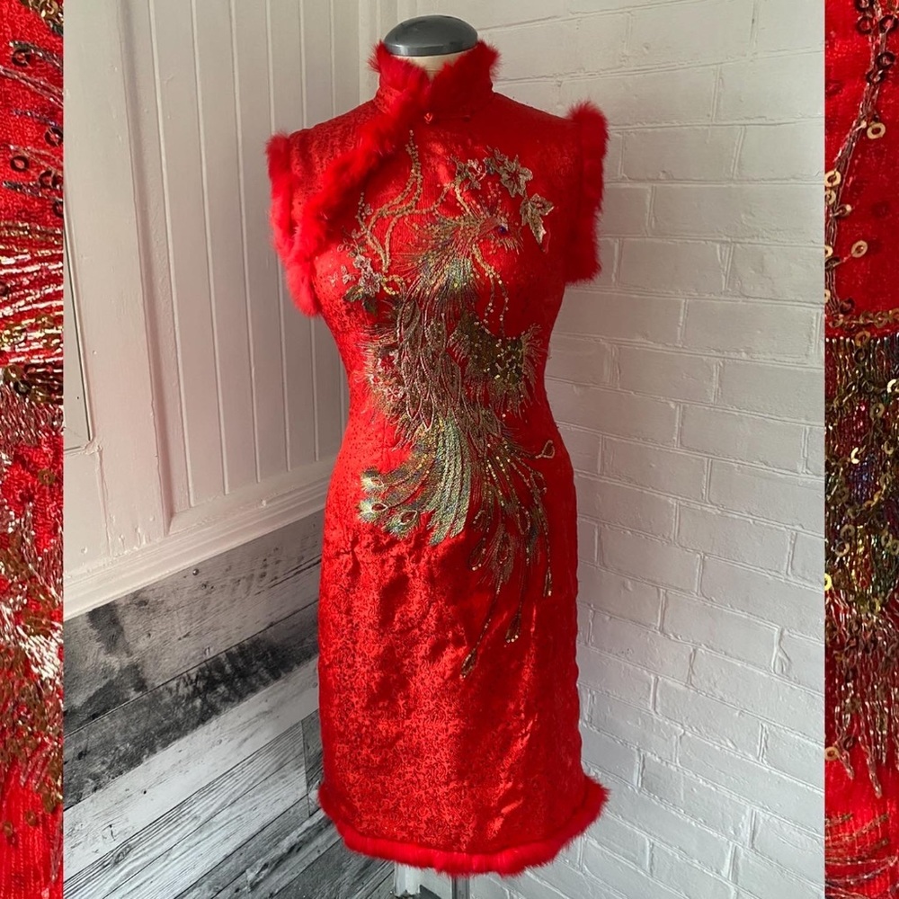 Embroidered mandarin collar dress with rabbit fur trim.